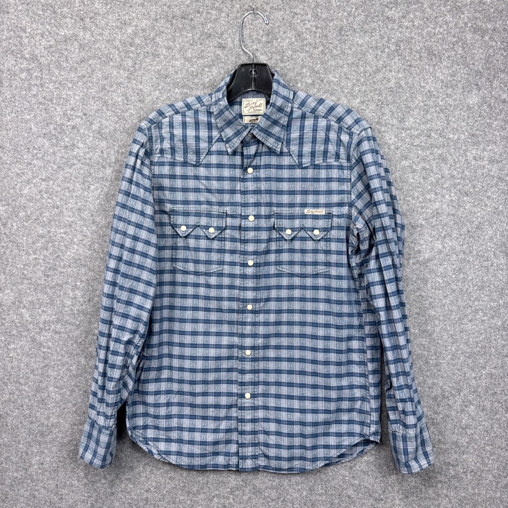 Lucky Brand Mens Blue Plaid Dobby Western Pearl Snap Shirt Small Long Sleeve